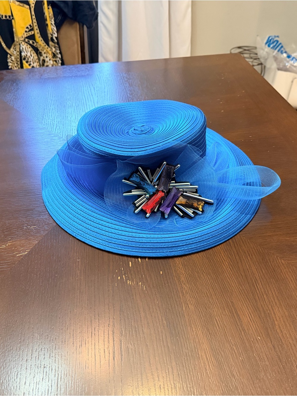 Bright Blue Girls' Dress Hat with Decorative Brooch
